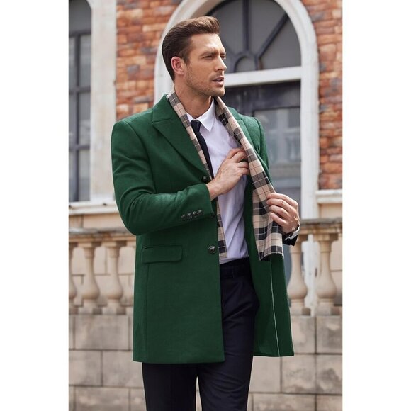 Men's Green Wool Blend Coat Plaid Scarfs Notched Collar Pea Coat Trench Overcoat - Picture 1 of 4